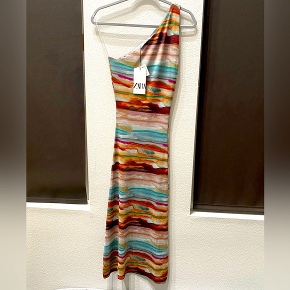 New Zara One Shoulder Body Con Tie Dye Maxi Dress - Picture 1 of 5